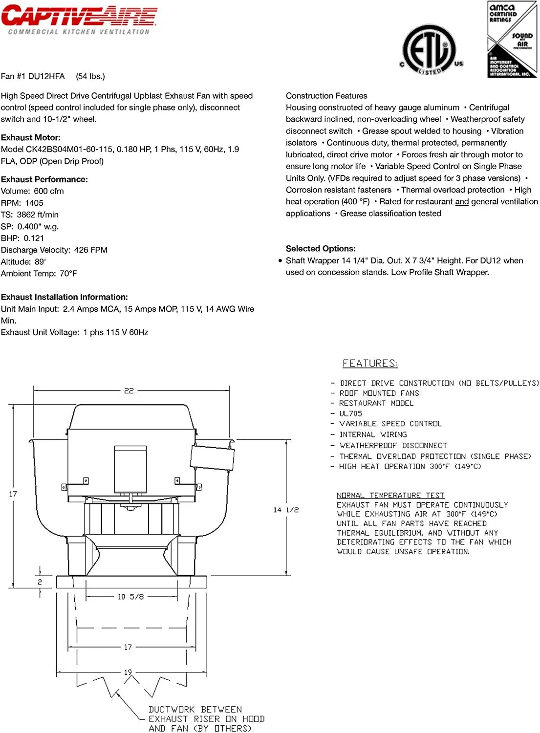 Food Truck Low Profile Exhaust Hood System with Fan and Duct L99754