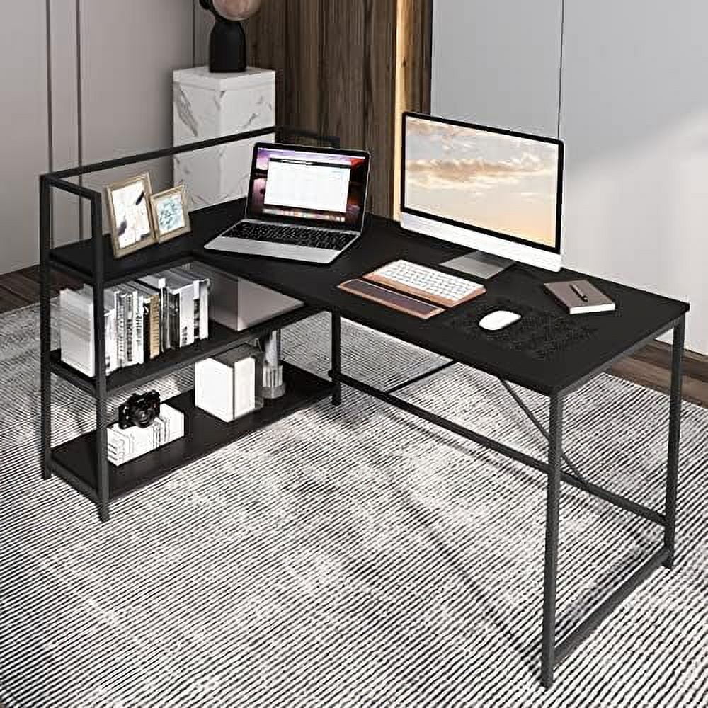 Reversible L-Shaped Corner Desk with 3-Tier Shelves I611602