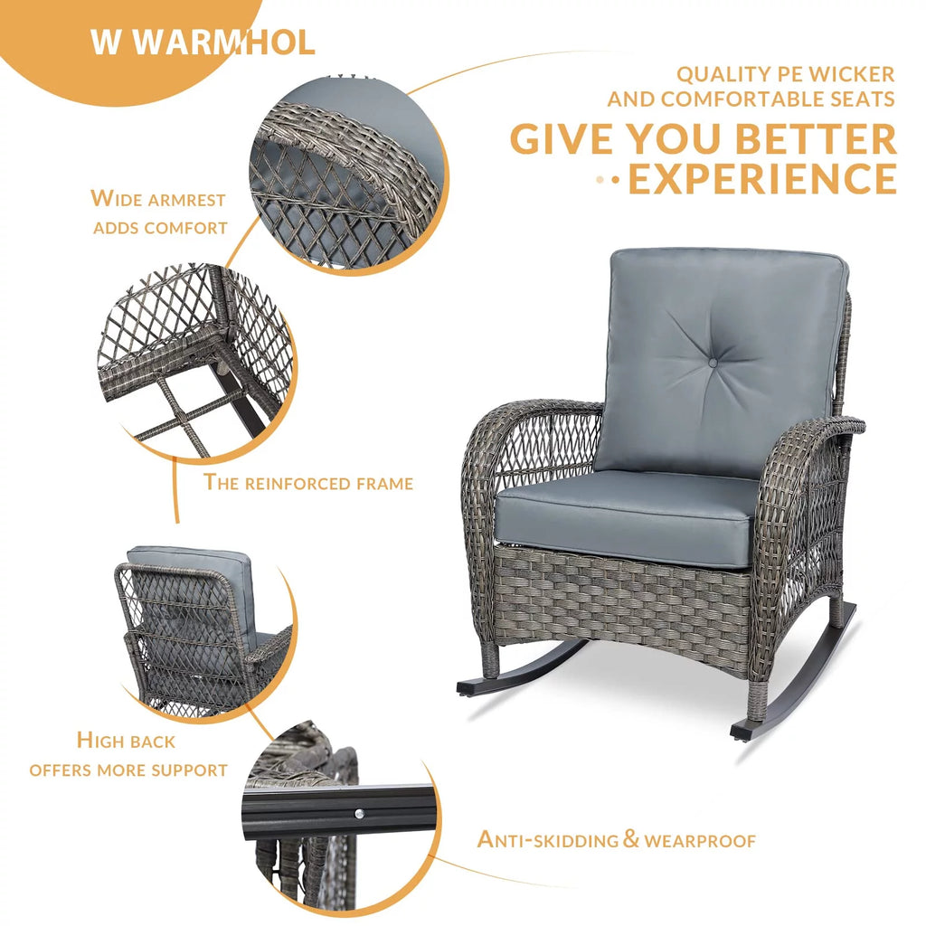 3 Pieces Rattan Patio Rocking Chair Set with Cushions and Glass-Top Coffee Table T14374