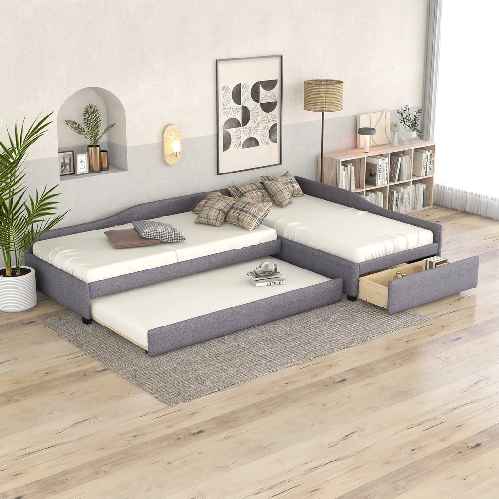 Gray Upholstered Double Twin Size Daybed with Trundle and Drawer K258842
