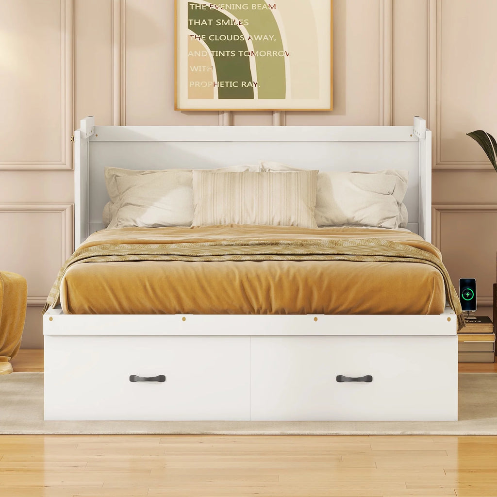 Full Size White Murphy Bed with USB Port and 2 Storage Drawers Z2616