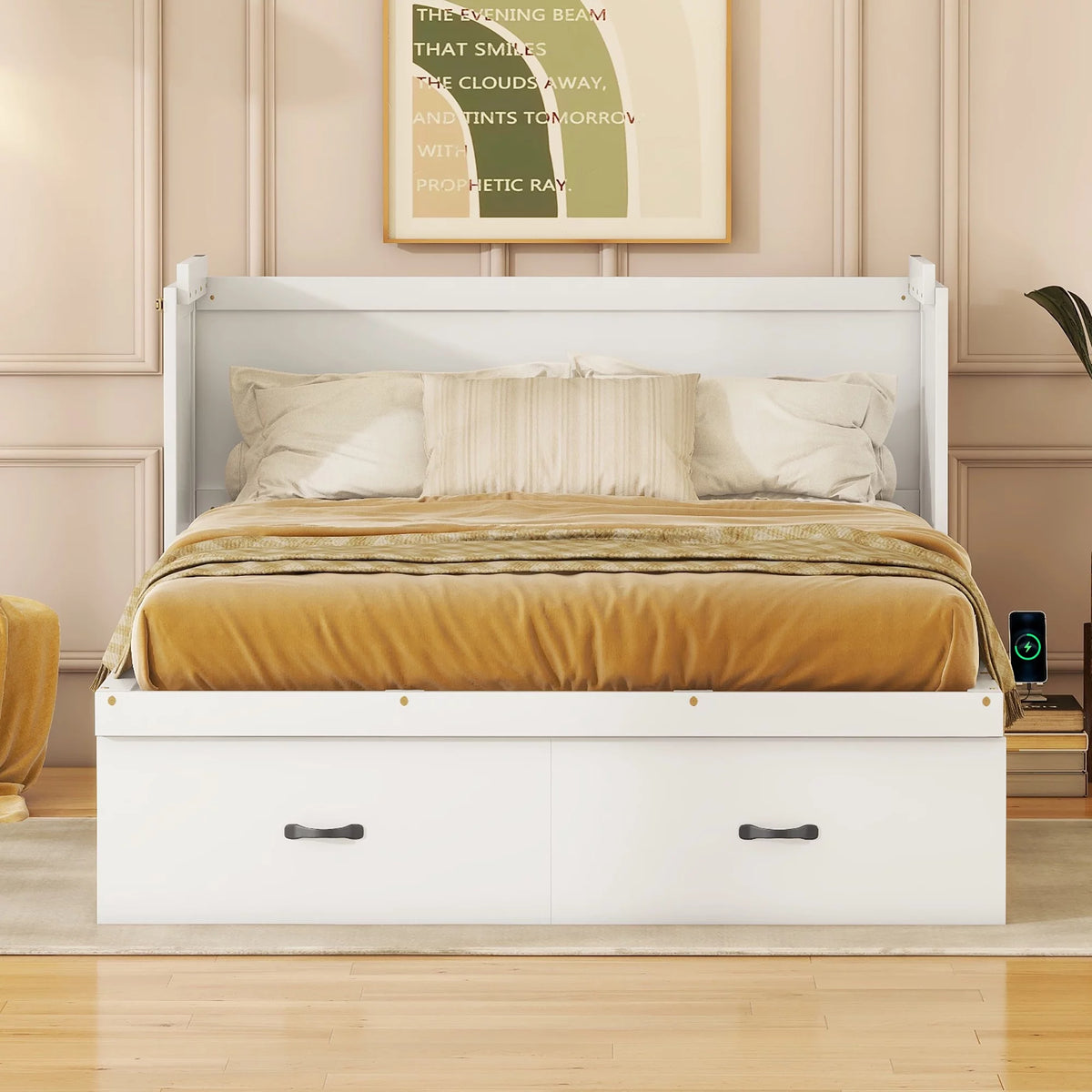 Full Size White Murphy Bed with USB Port and 2 Storage Drawers Z2616