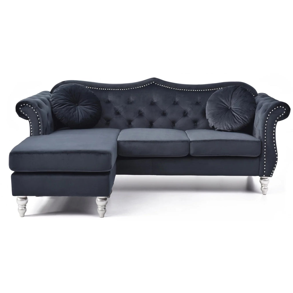 Black Velvet Chesterfield Sectional Sofa with 2-Throw Pillow P22634