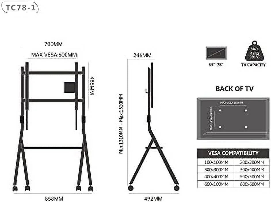 Mobile TV Stand for 55 60 65 75 78 Inch TV Rolling TV Cart with Wooden Shelves V7743