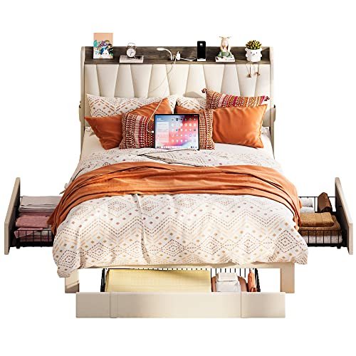 Beige Queen Upholstered Platform Bed Frame with 3 Drawers U903