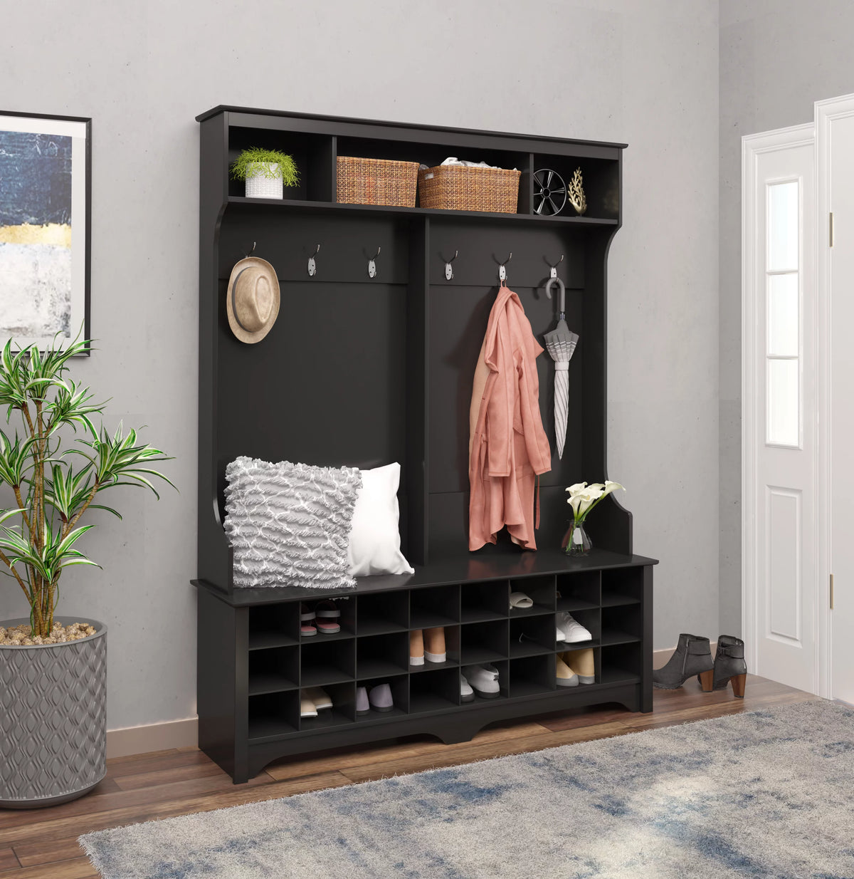 60" Wide Hall Tree with 24 Shoe Cubbies, Black V20145