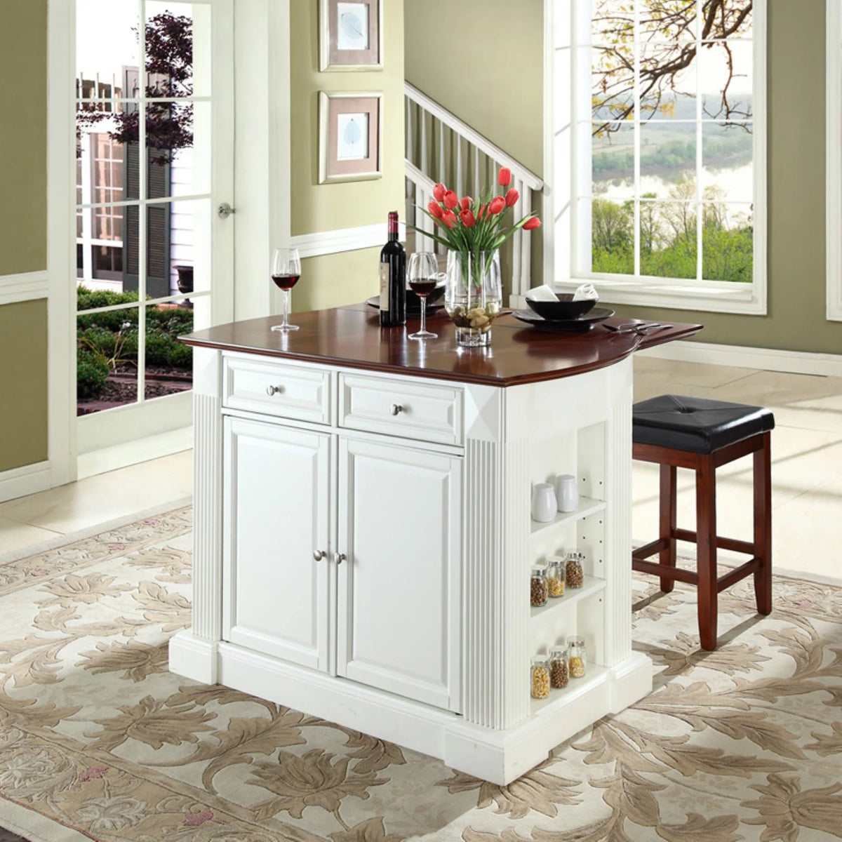Drop Leaf Kitchen Island with Upholstered Square Seat Stools Y62615