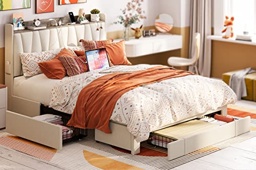 Beige Queen Upholstered Platform Bed Frame with 3 Drawers U903