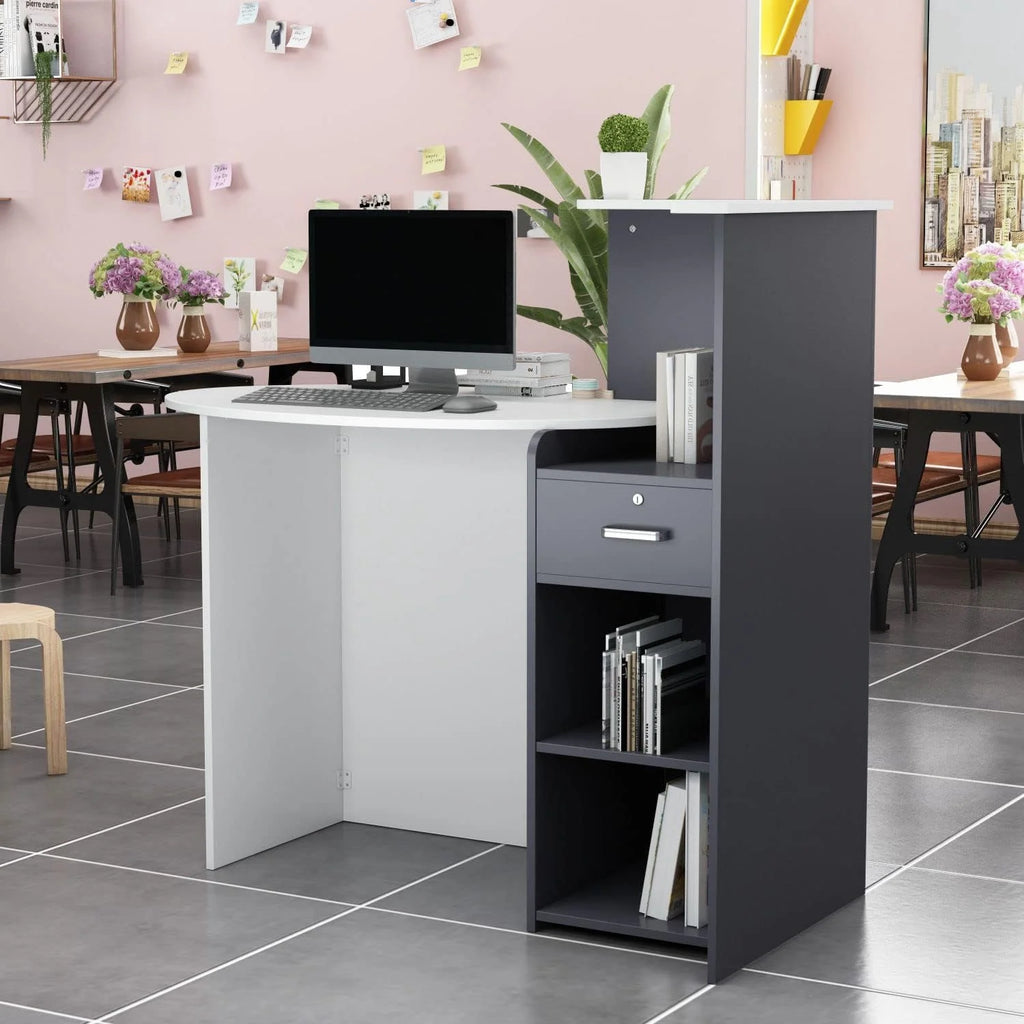 White and Dark Grey Reception Desk with Lockable Drawer E703621