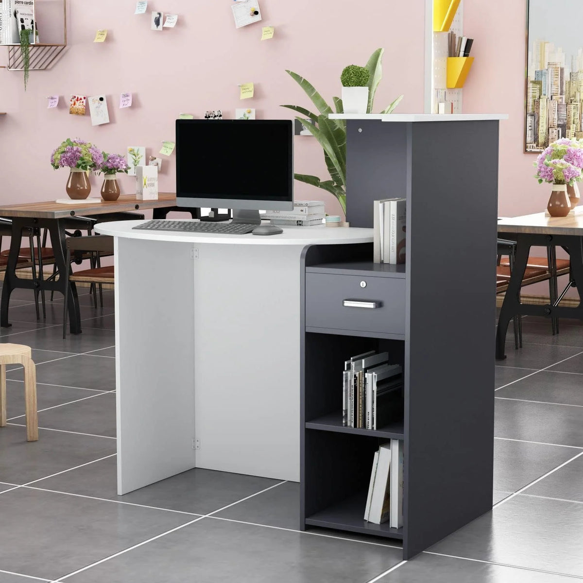 White and Dark Grey Reception Desk with Lockable Drawer E703621