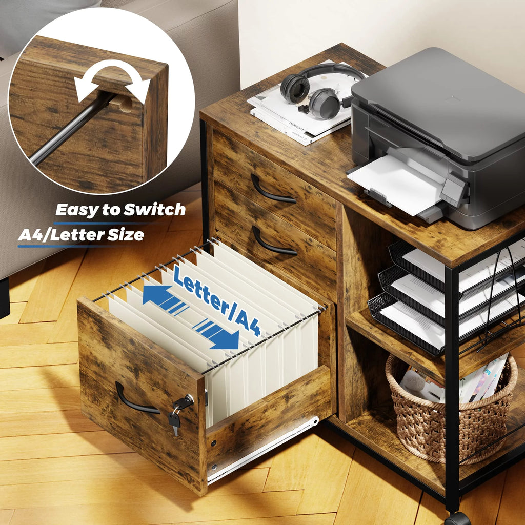 Brown 3 Drawer Wood File Cabinet with USB Charging Ports B742