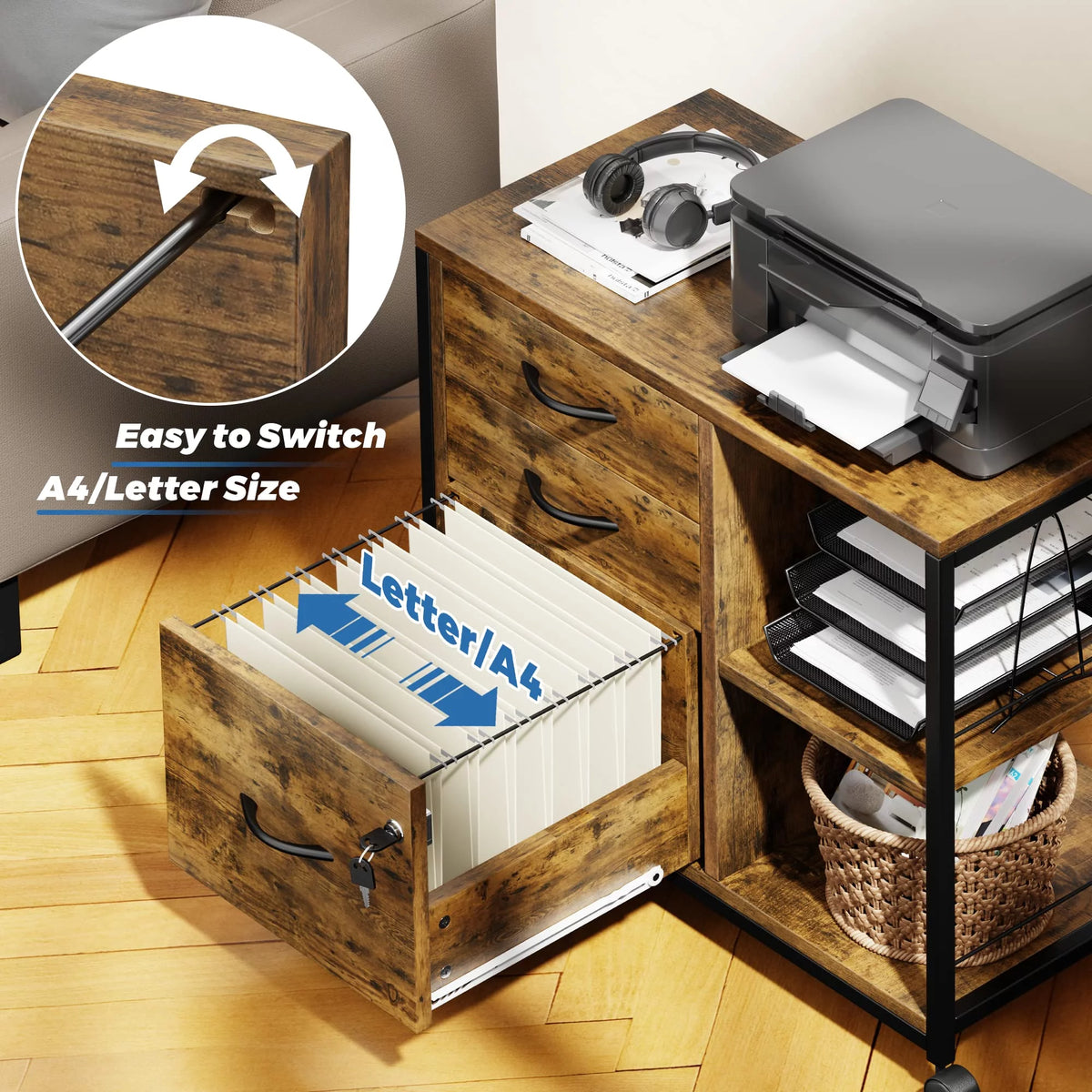 Brown 3 Drawer Wood File Cabinet with USB Charging Ports B742