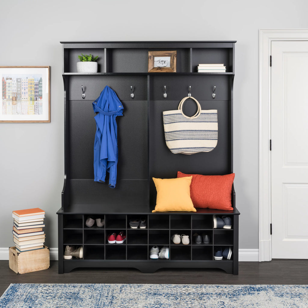 60" Wide Hall Tree with 24 Shoe Cubbies, Black V20145