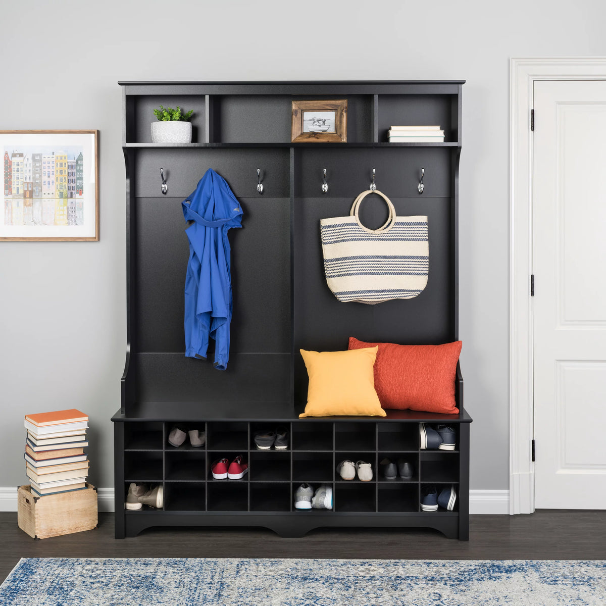 60" Wide Hall Tree with 24 Shoe Cubbies, Black V20145