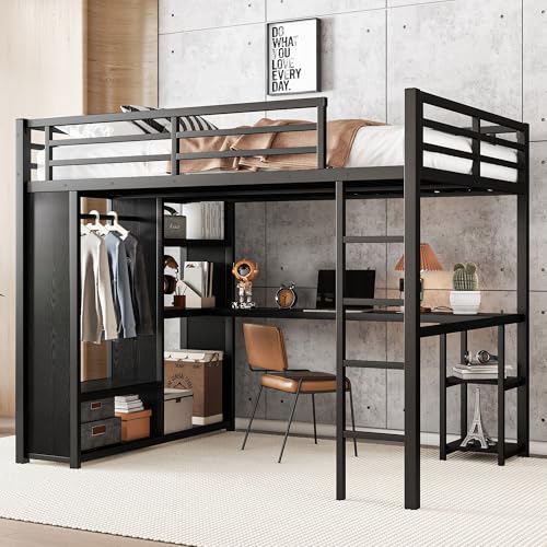 Queen Size Metal Loft Bed with Wardrobe and L-Shaped Desk H5173