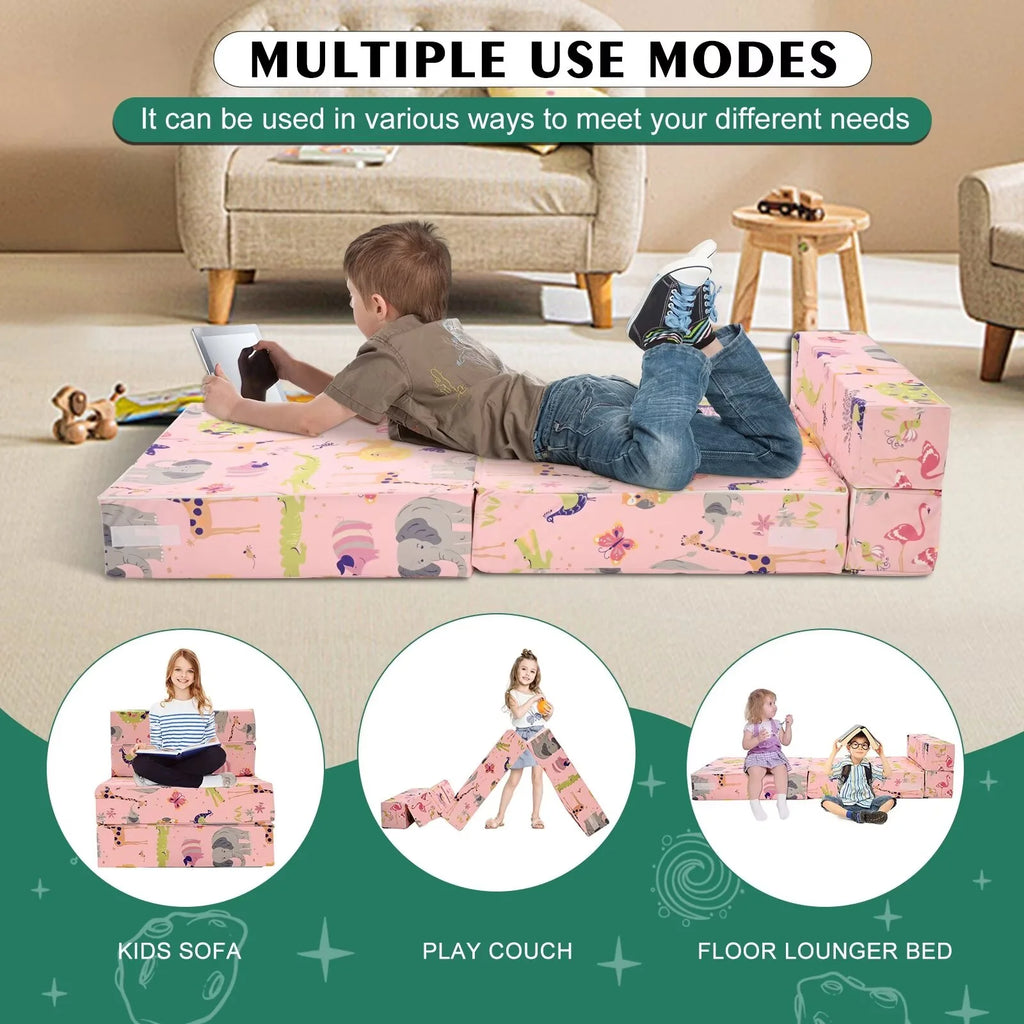Pink 2-in-1 Kids Convertible Sofa Lounger Plush Fabric B4083