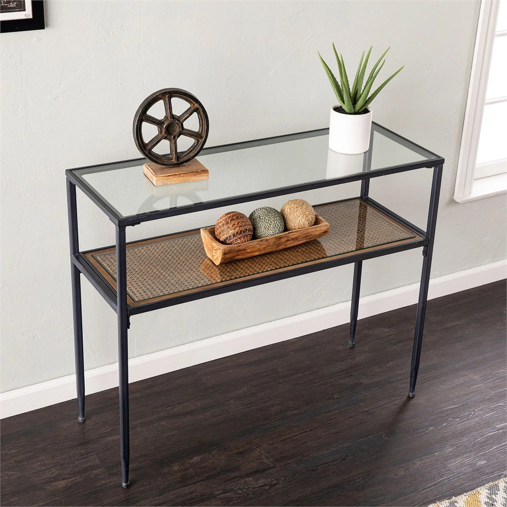 Black Engineered Wood Console Table with Glass Top J431