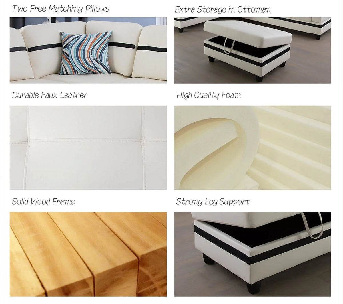 White & Black Faux Leather Sectional with Ottoman W758