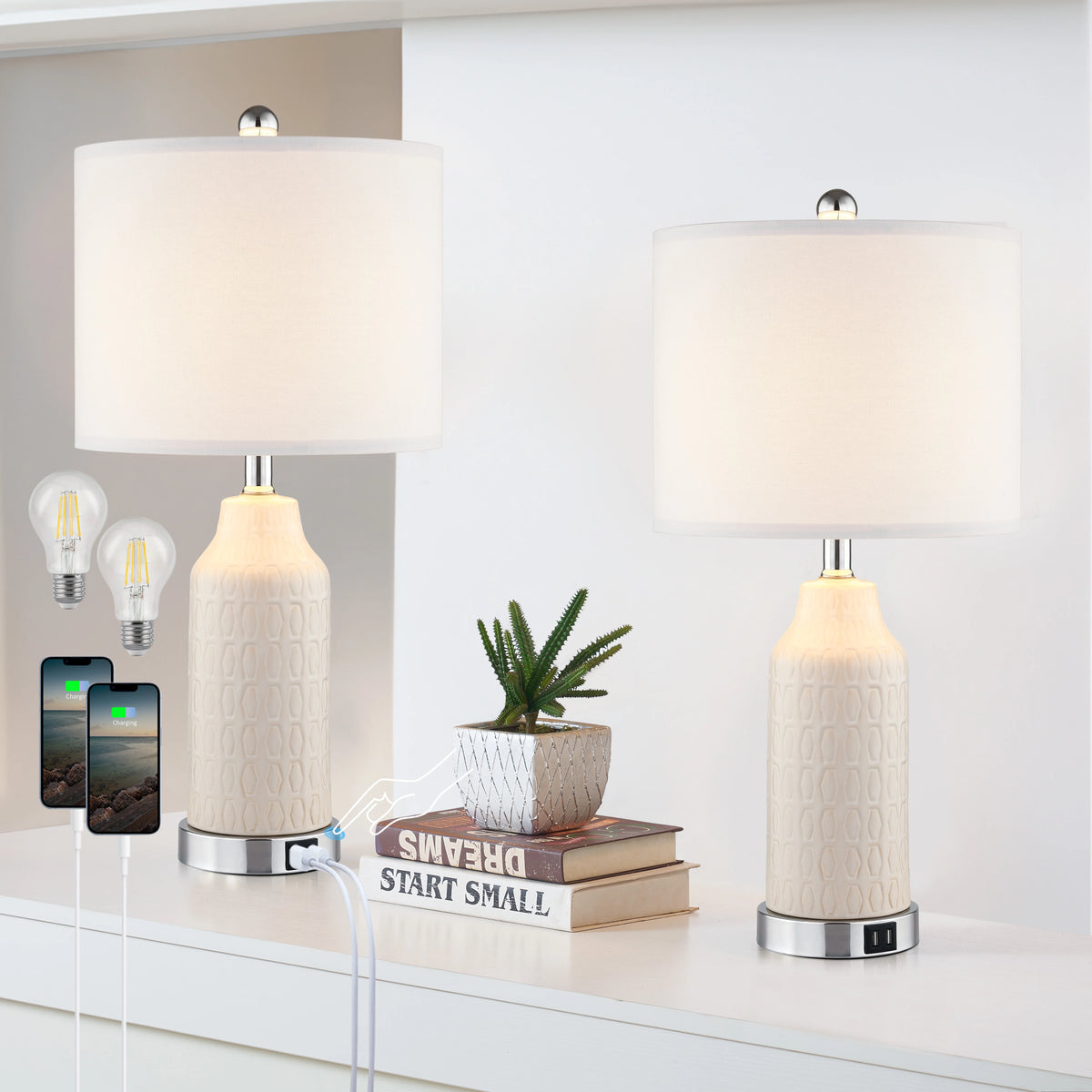 22.5" Ceramic Table Lamp Set of 2 with USB Ports Y73373