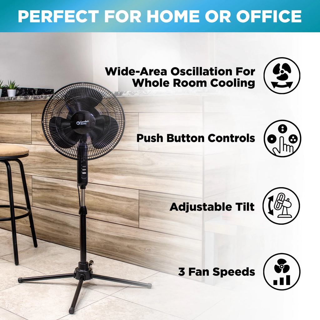 16” Oscillating Pedestal Fan, 3-speed, Adjustable Height and Tilt, Black K884
