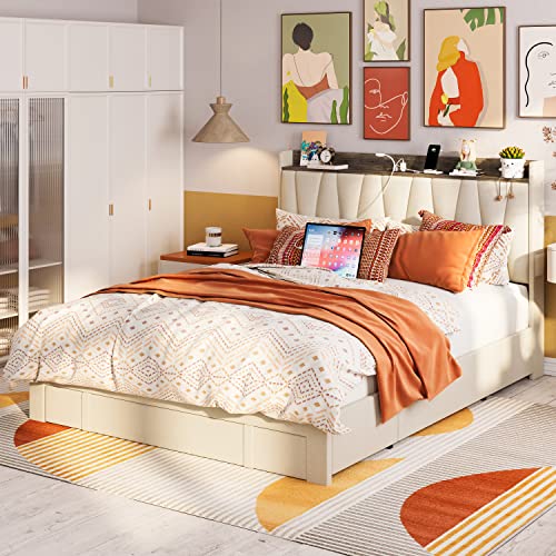 Beige Queen Upholstered Platform Bed Frame with 3 Drawers U903
