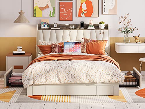 Beige Queen Upholstered Platform Bed Frame with 3 Drawers U903