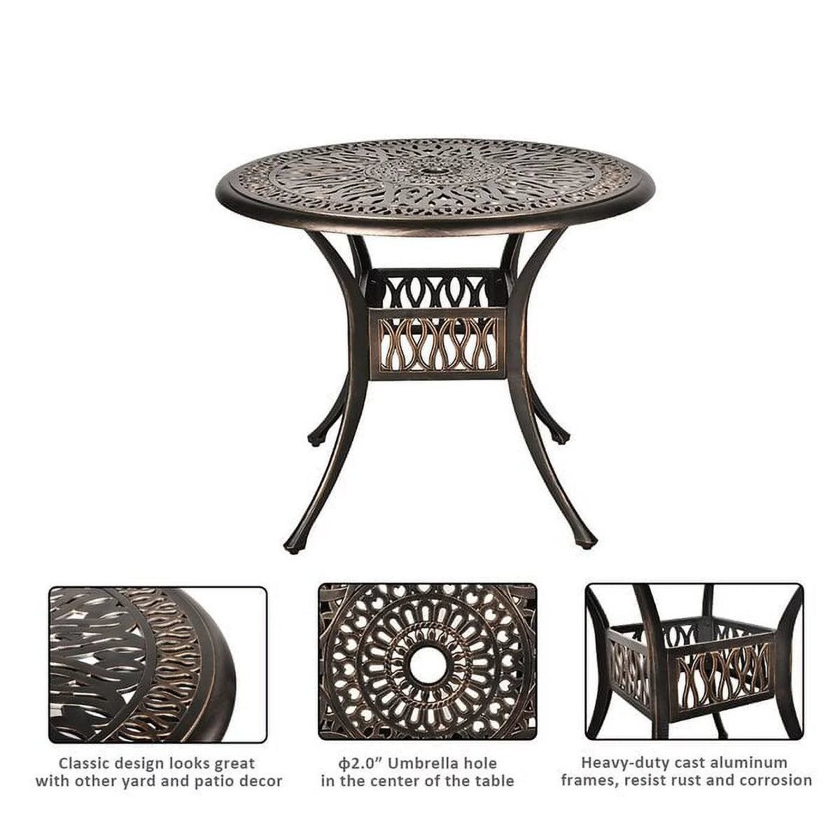 35.4" Diameter Cast Aluminum Round Patio Dining Table with Umbrella Hole H39365