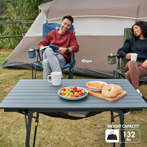 Folding Portable Camping Table with Adjustable Height Aluminum Roll Up Top D6339