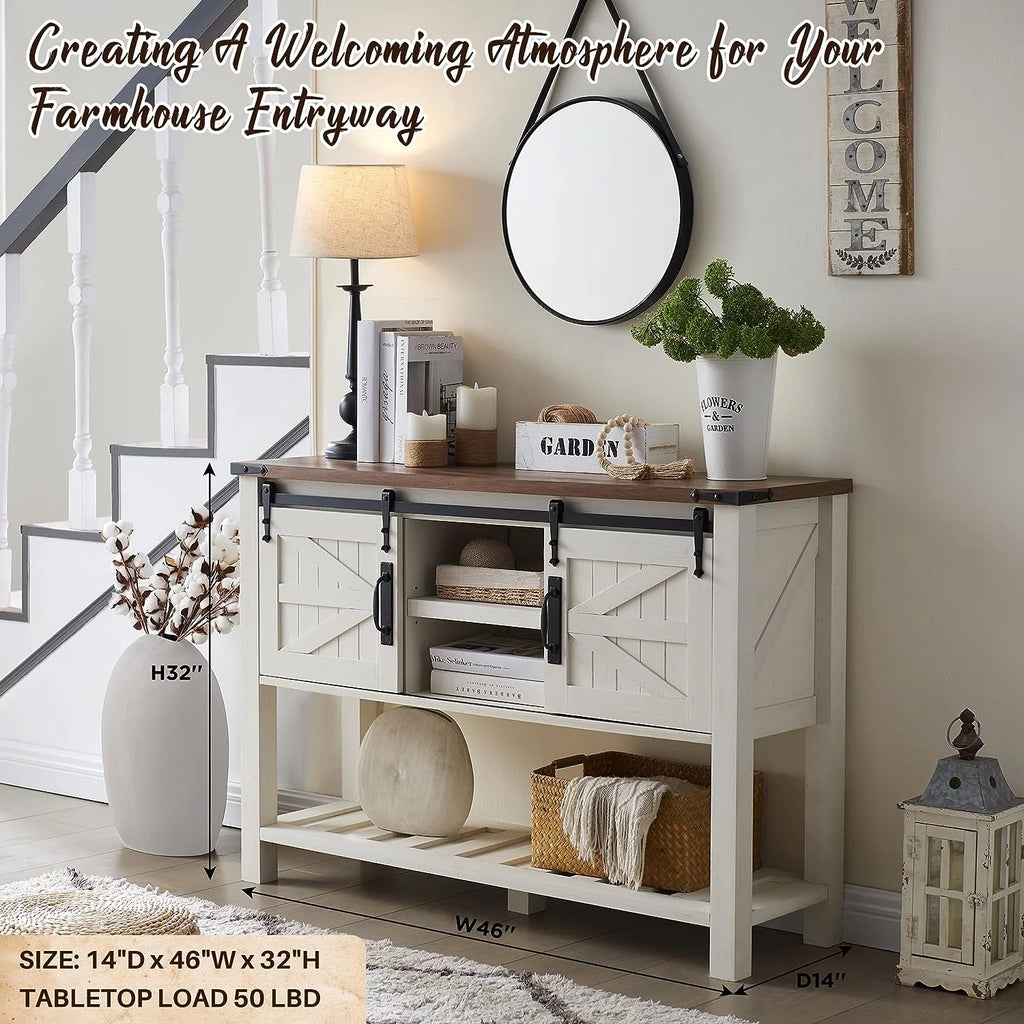 Antique White Wood Metal Entryway Table with Sliding Barn Doors Q80455