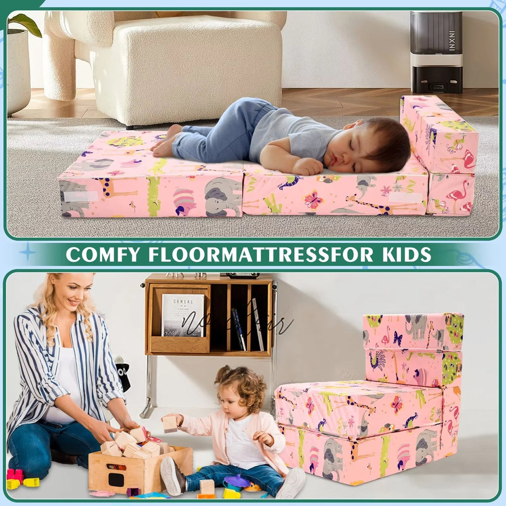 Pink 2-in-1 Kids Convertible Sofa Lounger Plush Fabric B4083