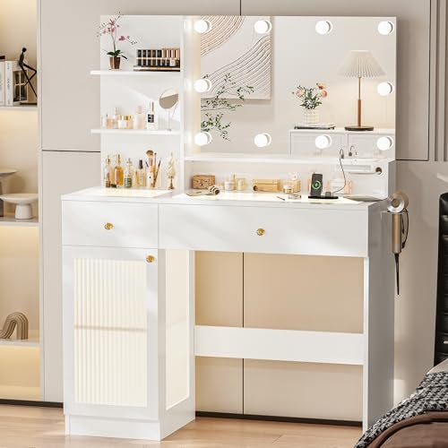 40" White Vanity Desk with Mirror and Lights P94503