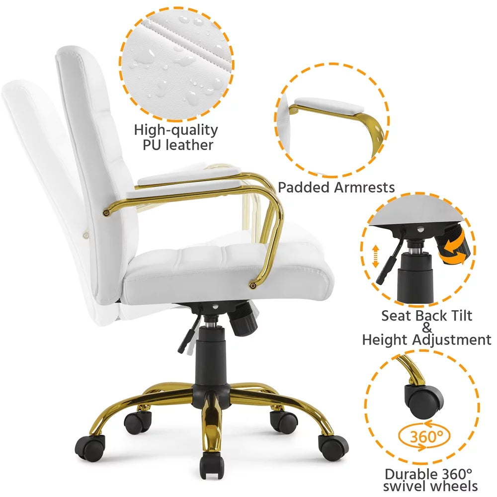 White Mid-Back Swivel PU Leather Office Chair with Gold Frame X20811