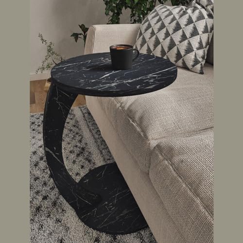 White Faux Marble Round C Shaped End Table with Wheels S503