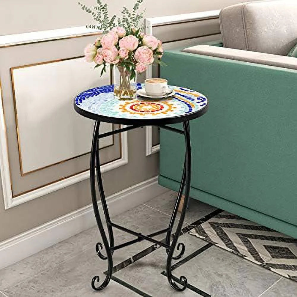Mosaic Round 14 Inch Glass Top Steel Side Table D710