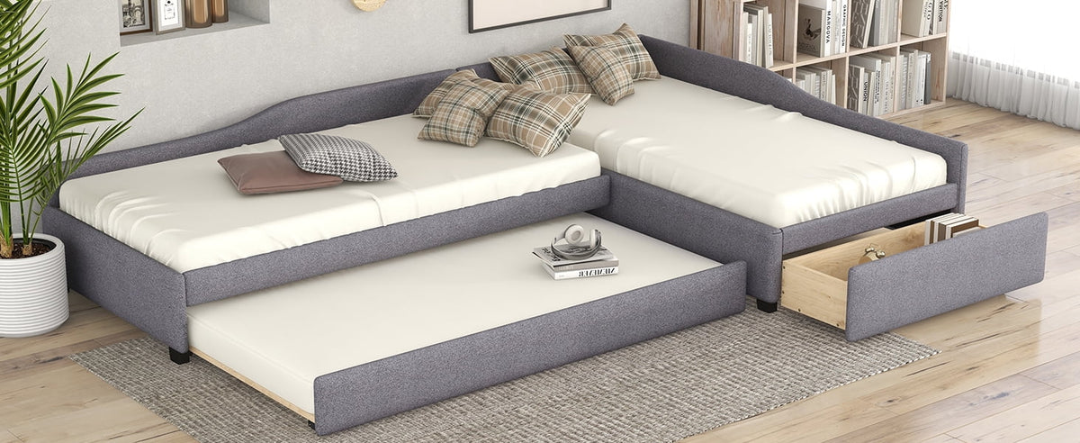 Gray Upholstered Double Twin Size Daybed with Trundle and Drawer K258842
