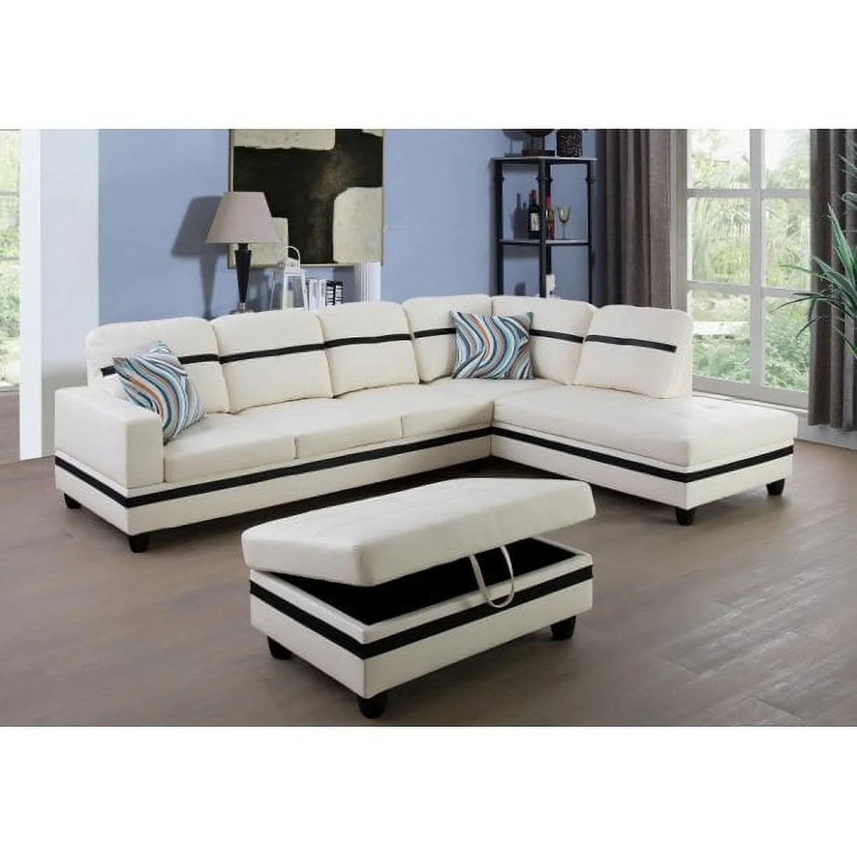 White & Black Faux Leather Sectional with Ottoman W758