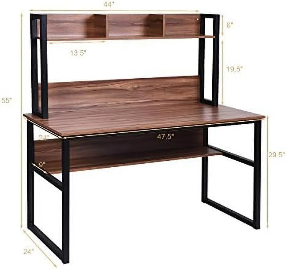 Light Walnut Computer Desk with Hutch and Bookshelves C797