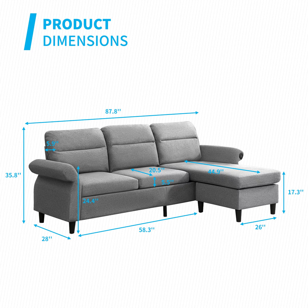 88" Convertible Sectional Sofa Couch with 2 USB Ports, Linen Fabric, Light Grey A96496
