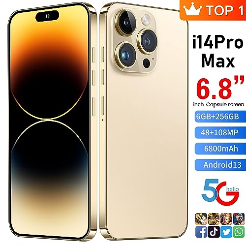 Unlocked Cell Phone 6.82" HD Screen 6+256GB Android 13 Smartphone Dual SIM Gold D989