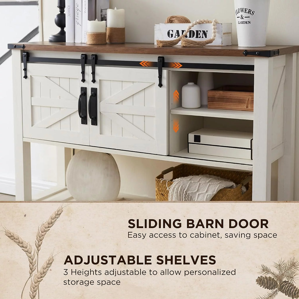 Antique White Wood Metal Entryway Table with Sliding Barn Doors Q80455