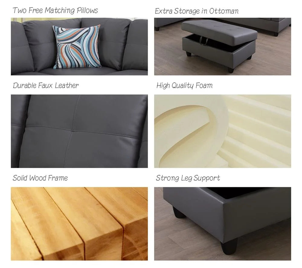 Dark Grey Faux Leather Sectional with Ottoman C396007