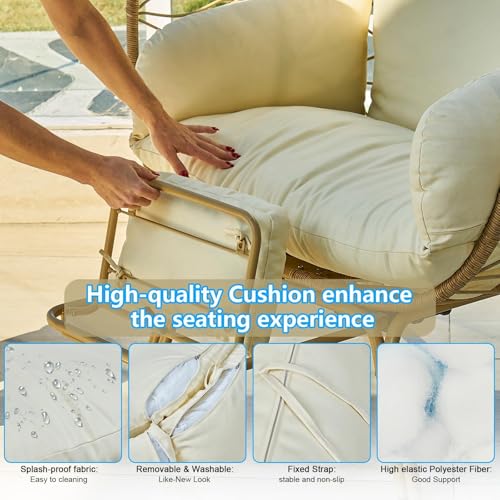 Oversized Beige Wicker Egg Chair with Cushion & Footrest N8200