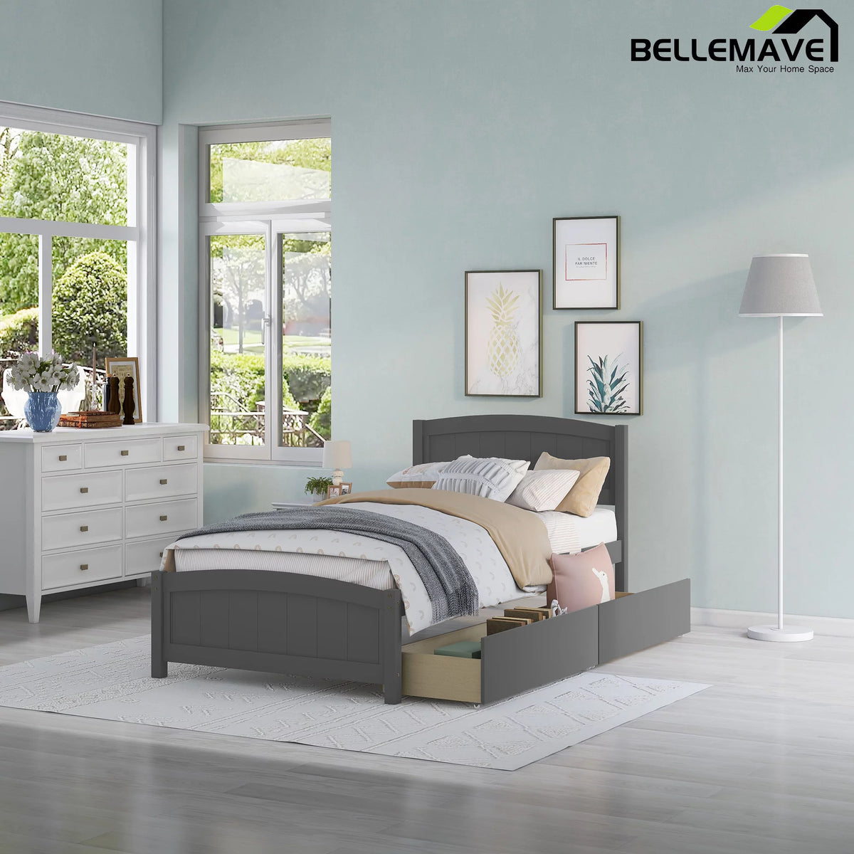 Twin Size Platform Bed Frame with Storage Drawer and Headboard G399