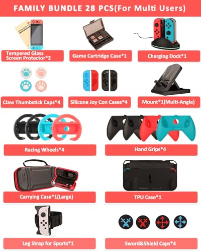 Switch Accessories Carry Case Screen Protector 4 Pack Joy Con Grips and Steering Wheels E59803