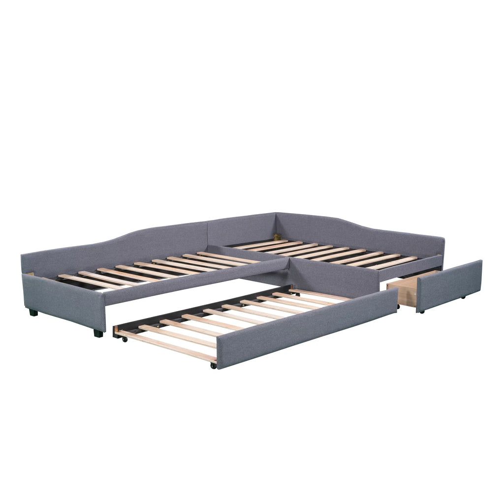 Gray Upholstered Double Twin Size Daybed with Trundle and Drawer K258842