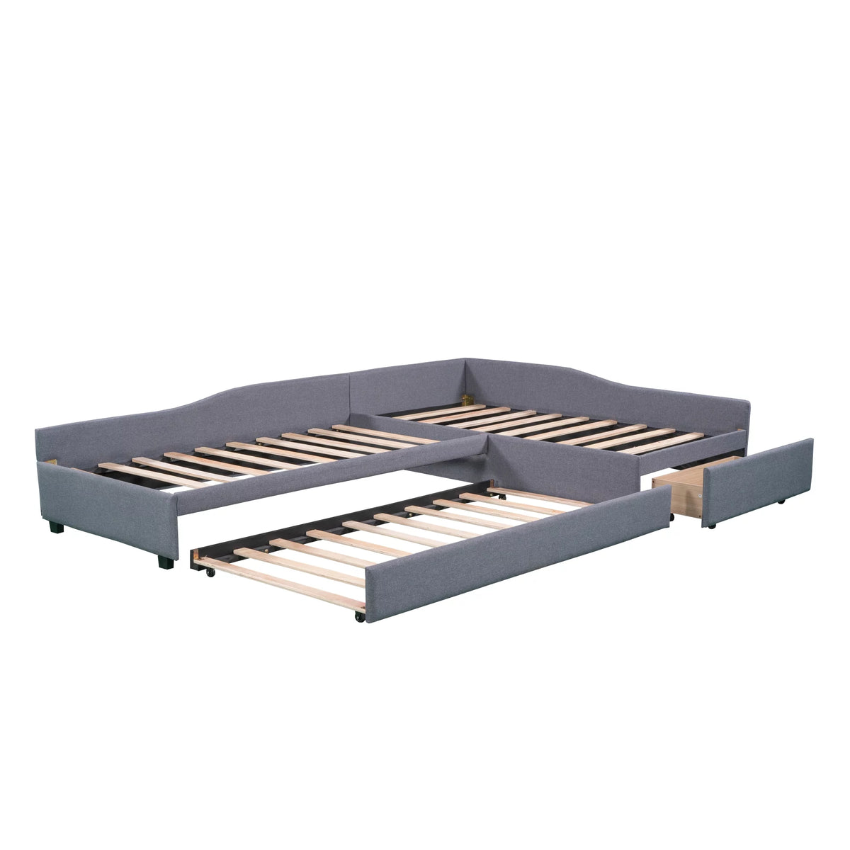 Gray Upholstered Double Twin Size Daybed with Trundle and Drawer K258842