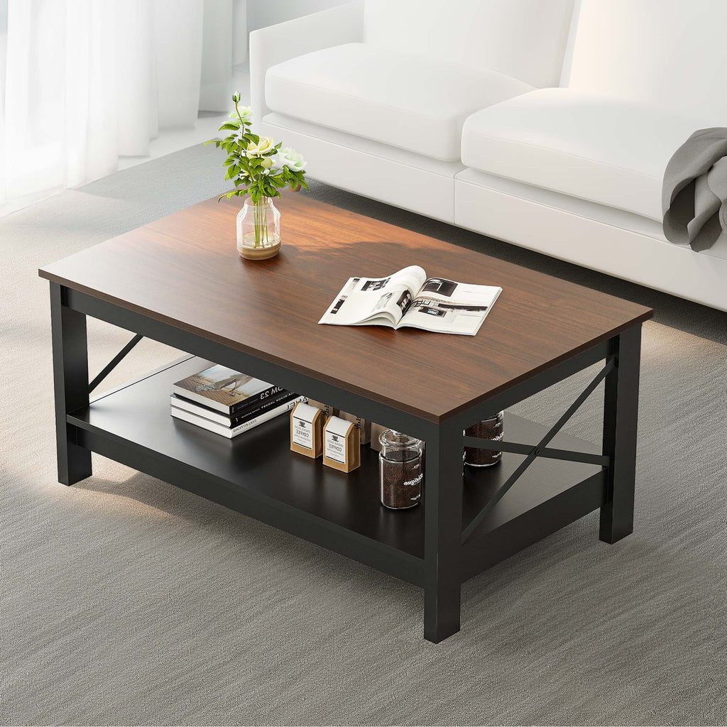 2-Tier Brown Coffee Table with Open Storage Shelf X4549