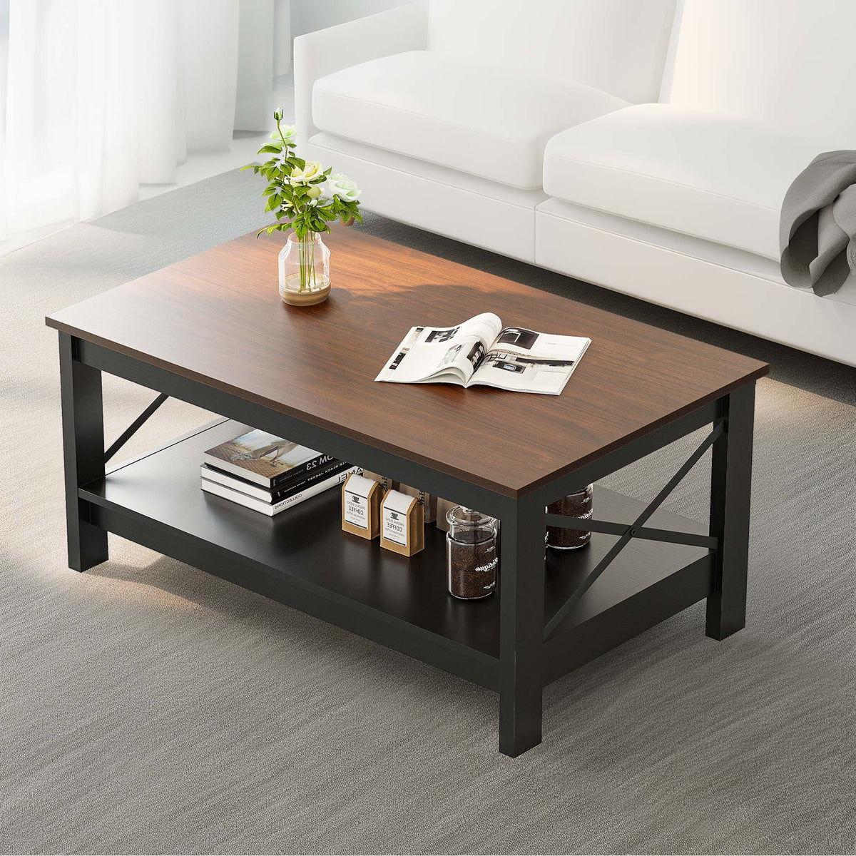 2-Tier Brown Coffee Table with Open Storage Shelf X4549