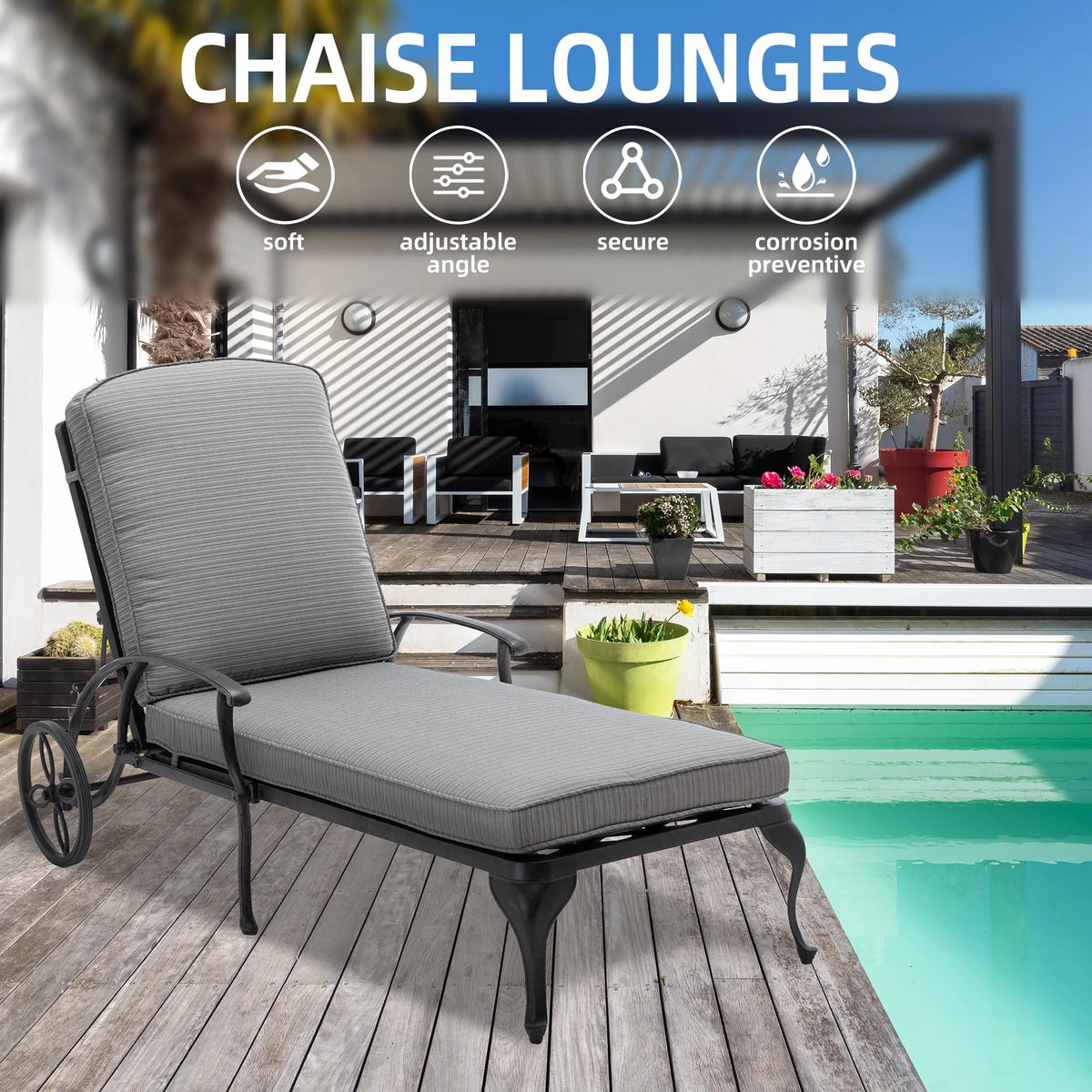 Outdoor Chaise Lounge Chair Cast Aluminum with Wheels and Adjustable Reclining R763472