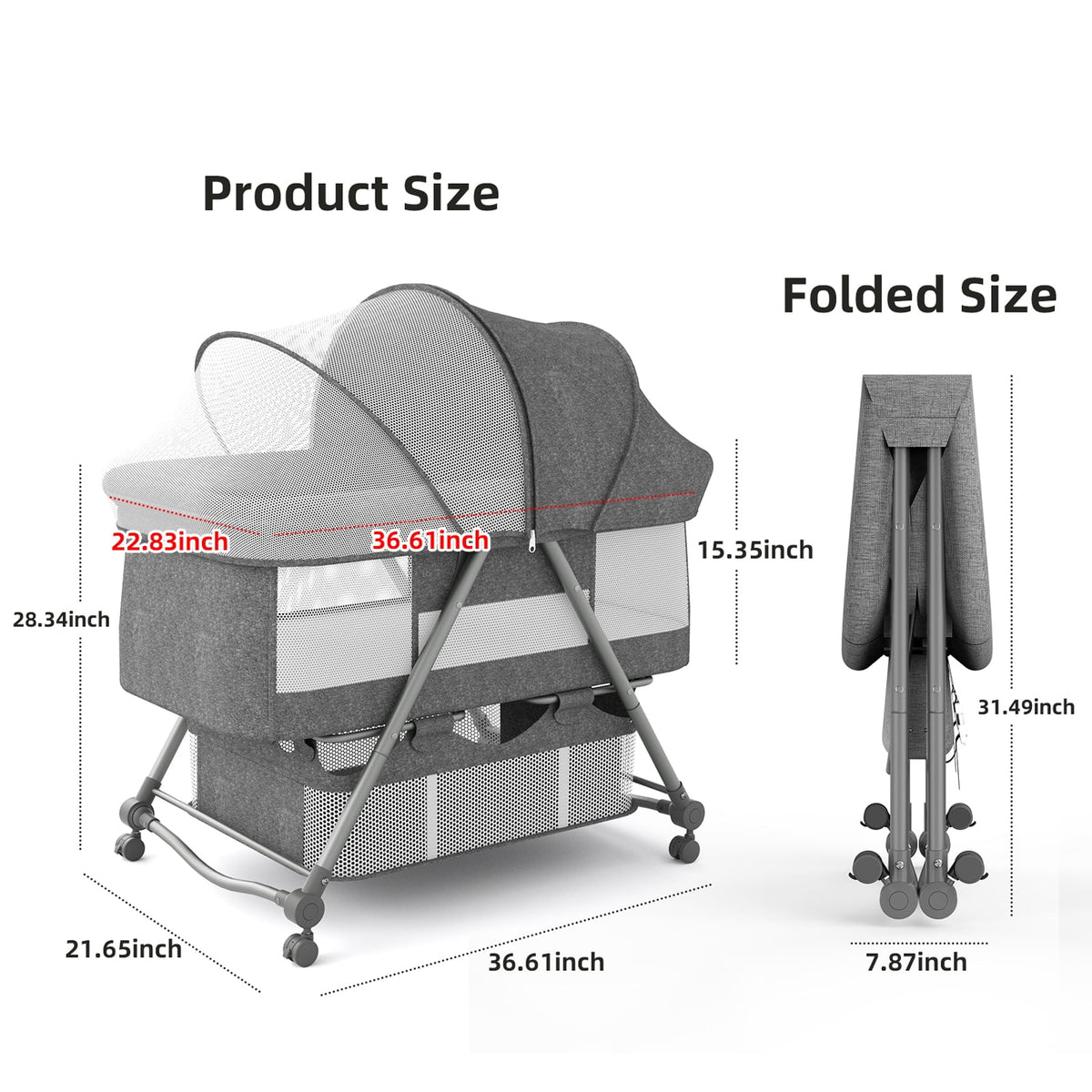 Gray Bedside Bassinet with Wheels H2152